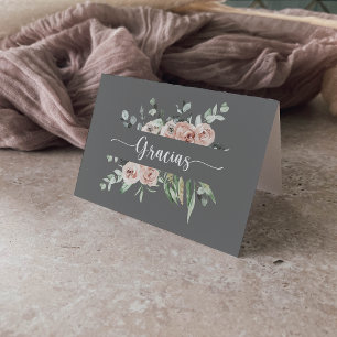 Classic Pink Rose Floral Folded Wedding Gracias Letterpress Thank You Card