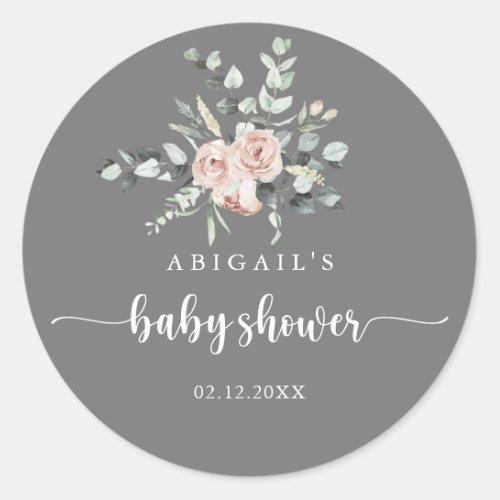 Classic Pink Rose Floral Gray Baby Shower Favor  Classic Round Sticker