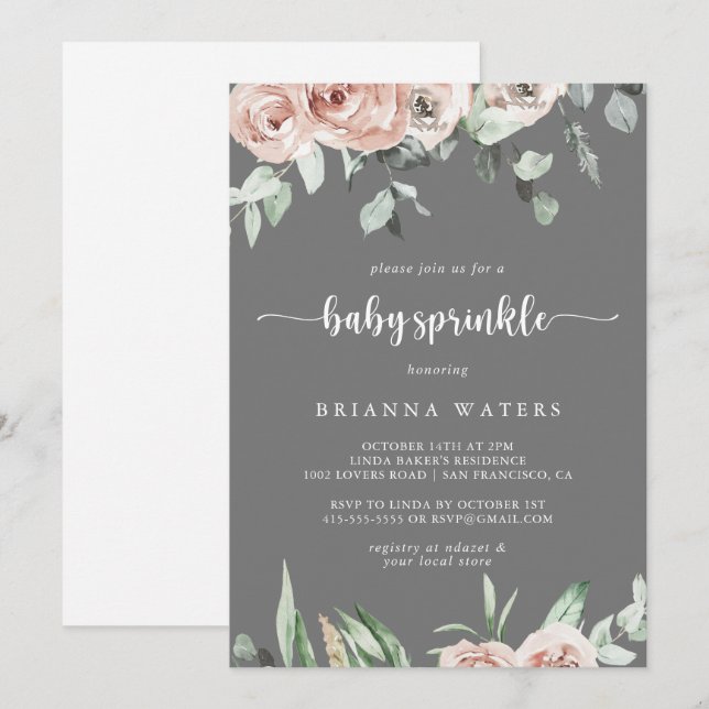 Classic Pink Rose Floral Gray Baby Sprinkle  Invitation (Front/Back)