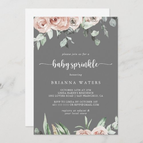 Classic Pink Rose Floral Gray Baby Sprinkle  Invitation