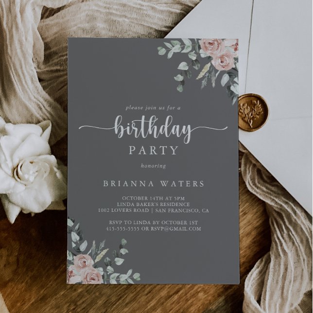 Classic Pink Rose Floral Gray Birthday Party  Invitation (Creator Uploaded)