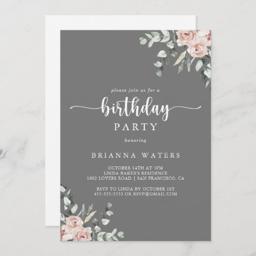 Classic Pink Rose Floral Gray Birthday Party  Invitation