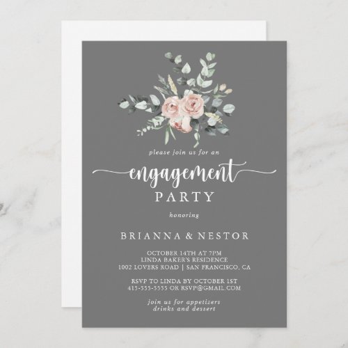 Classic Pink Rose Floral Gray Engagement Party  Invitation
