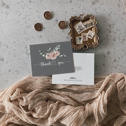 Classic Pink Rose Floral Gray Flat Wedding  Thank You Card