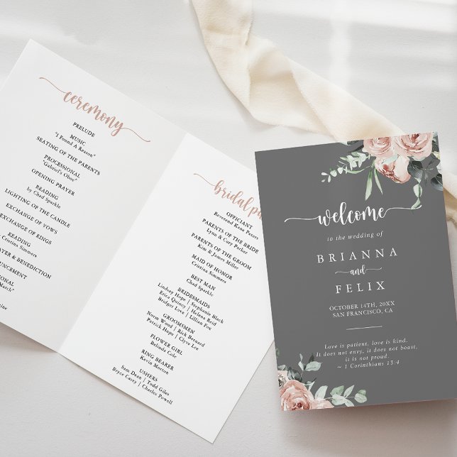 Classic Pink Rose Floral Gray Folded  Program (Creator Uploaded)