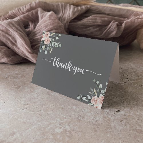 Classic Pink Rose Floral Gray Folded Wedding  Thank You Card