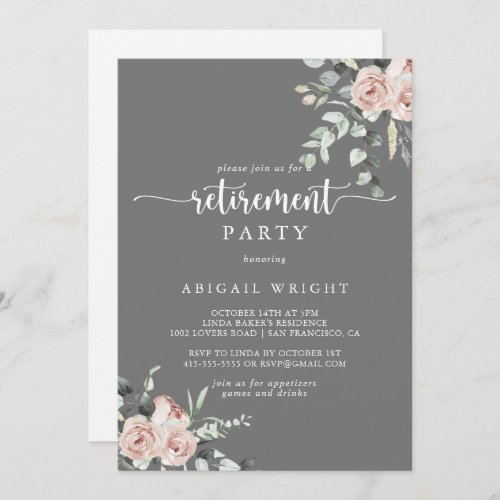 Classic Pink Rose Floral Gray Retirement Party  Invitation