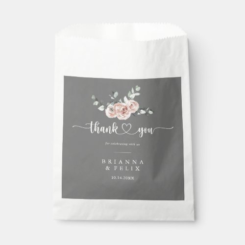 Classic Pink Rose Floral Gray Thank You Wedding   Favor Bag