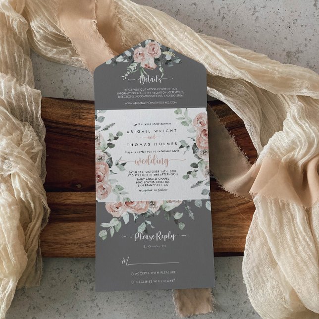 Classic Pink Rose Floral Gray Wedding  All In One Invitation (Creator Uploaded)
