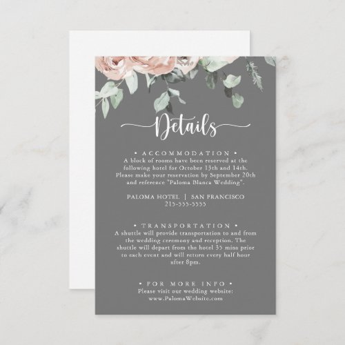 Classic Pink Rose Floral Gray Wedding Details  Enclosure Card