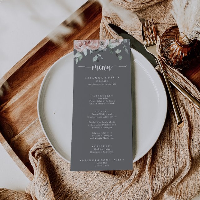 Classic Pink Rose Floral Gray Wedding Dinner  Menu (Creator Uploaded)