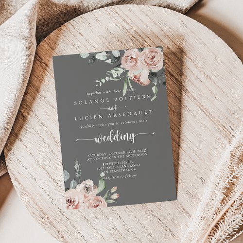 Classic Pink Rose Floral Gray Wedding    Invitation