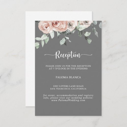 Classic Pink Rose Floral Gray Wedding Reception  Enclosure Card