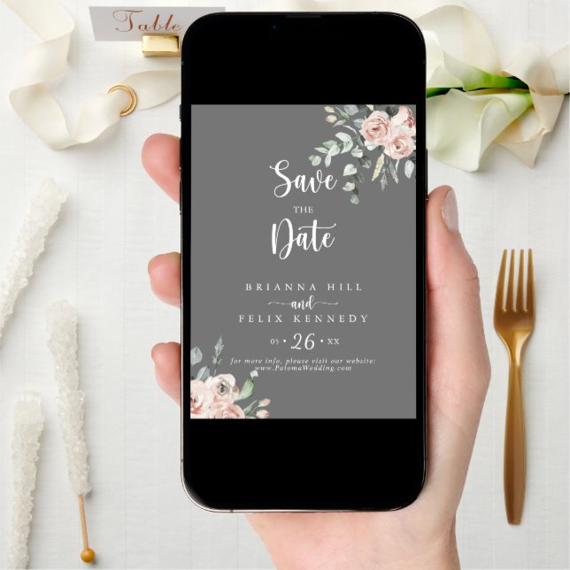 Classic Pink Rose Floral Gray Wedding  Save The Date (Front Digital)