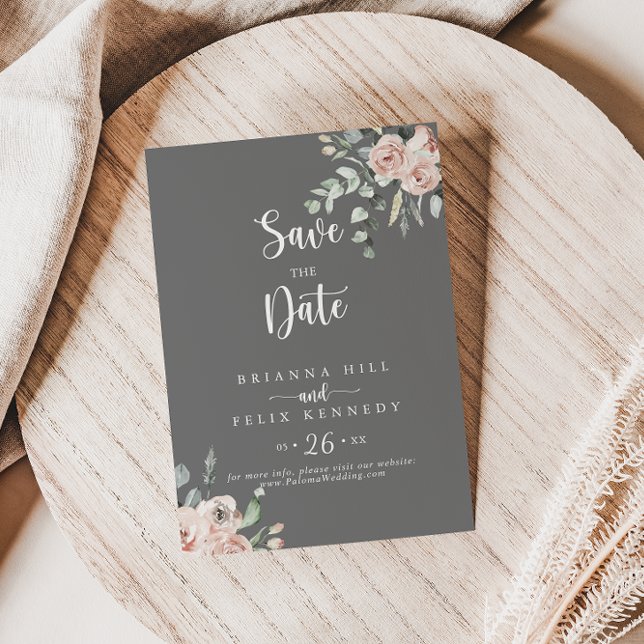 Classic Pink Rose Floral Gray Wedding  Save The Date (Creator Uploaded)