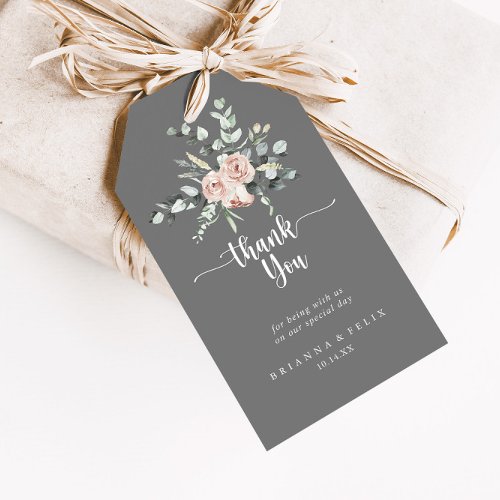 Classic Pink Rose Floral Gray Wedding Thank You   Gift Tags