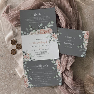 Classic Pink Rose Floral Gray Wedding Tri-Fold Invitation