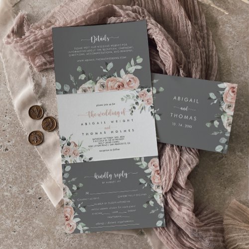 Classic Pink Rose Floral Gray Wedding  Tri_Fold Invitation