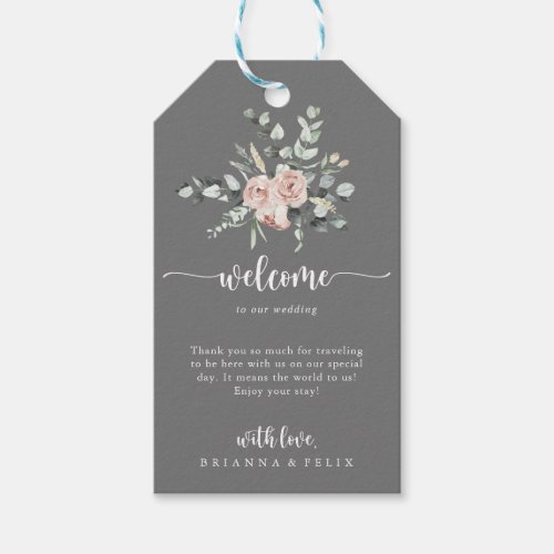 Classic Pink Rose Floral Gray Wedding Welcome   Gift Tags