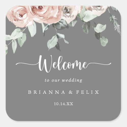 Classic Pink Rose Floral Gray Wedding Welcome  Square Sticker
