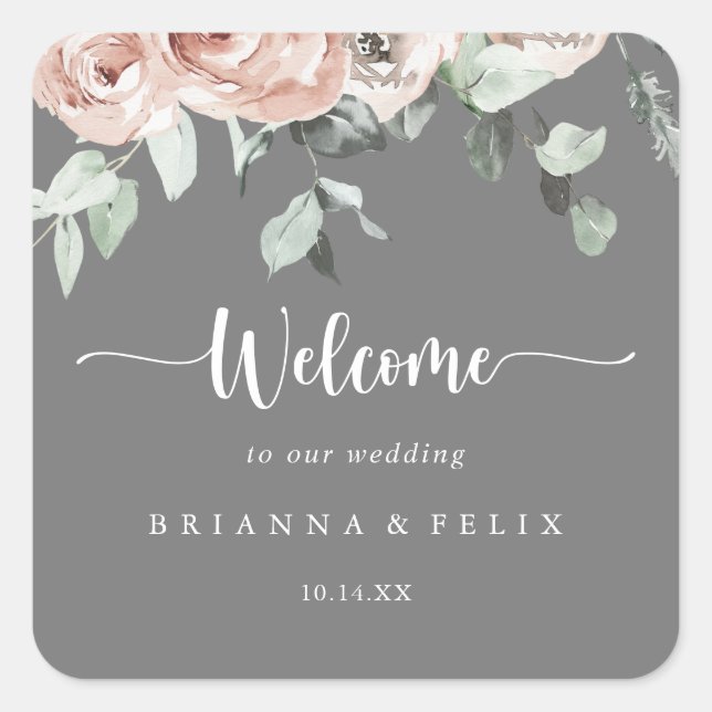 Classic Pink Rose Floral Gray Wedding Welcome  Square Sticker (Front)