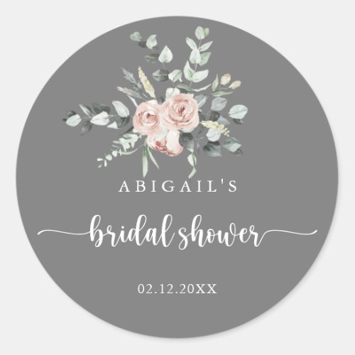 Classic Pink Rose Gray Bridal Shower Favor    Classic Round Sticker