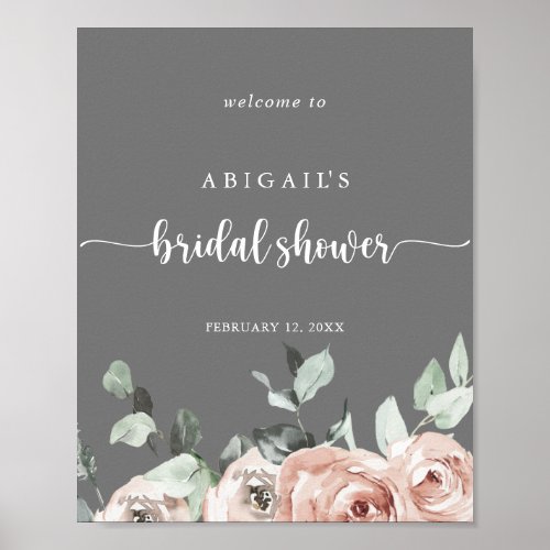 Classic Pink Rose Gray Bridal Shower Welcome  Poster