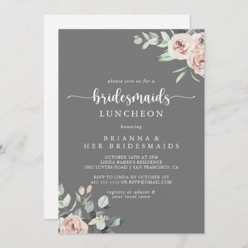 Classic Pink Rose Gray Bridesmaids Luncheon   Invitation