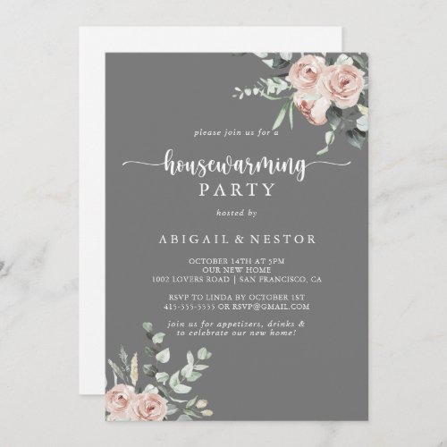 Classic Pink Rose Gray Housewarming Party  Invitation