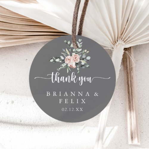 Classic Pink Rose Gray Thank You Wedding Favor    Classic Round Sticker