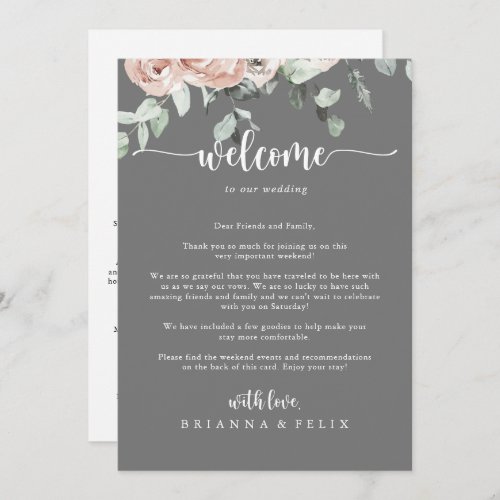 Classic Pink Rose Gray Wedding Welcome Letter