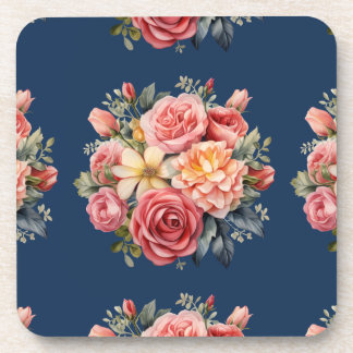 Classic Pink Roses Floral on a Blue Background Beverage Coaster