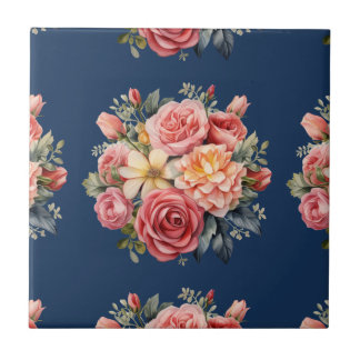 Classic Pink Roses Floral on a Blue Background Ceramic Tile