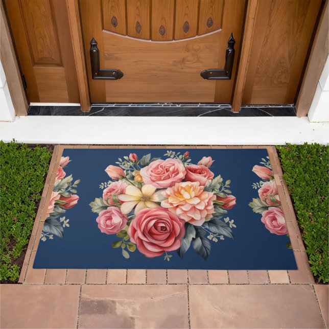 Classic Pink Roses Floral on a Blue Background Doormat (Outdoor)