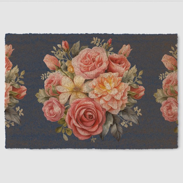 Classic Pink Roses Floral on a Blue Background Fiber Doormat (Front)