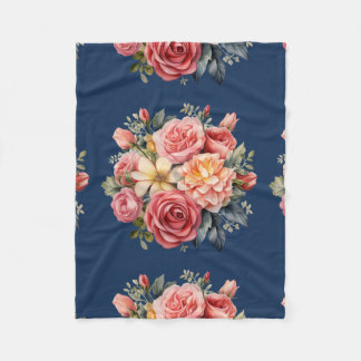 Classic Pink Roses Floral on a Blue Background Fleece Blanket