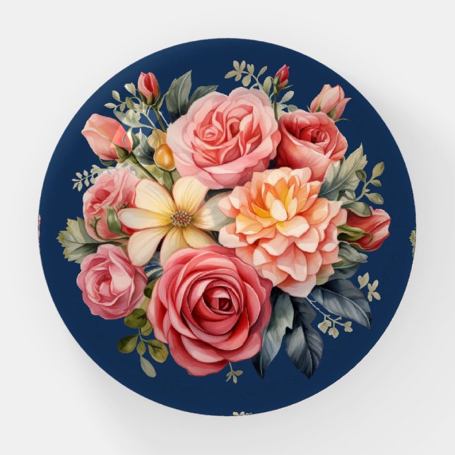 Classic Pink Roses Floral on a Blue Background Paperweight (Front)