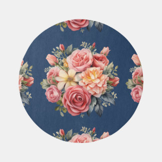 Classic Pink Roses Floral on a Blue Background Rug