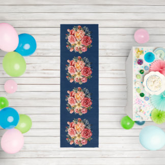 Classic Pink Roses Floral on a Blue Background Runner