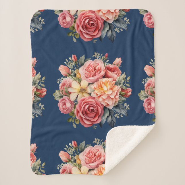Classic Pink Roses Floral on a Blue Background Sherpa Blanket (Front)
