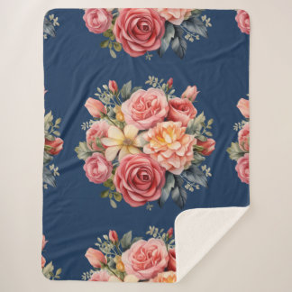 Classic Pink Roses Floral on a Blue Background Sherpa Blanket