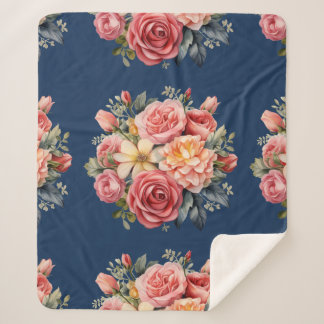 Classic Pink Roses Floral on a Blue Background Sherpa Blanket