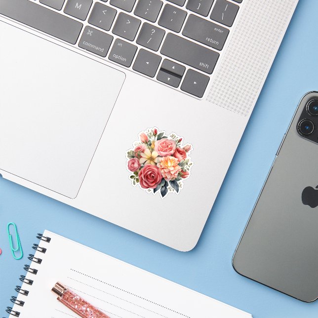 Classic Pink Roses Floral on a Blue Background Sticker (Laptop w/ iPhone)