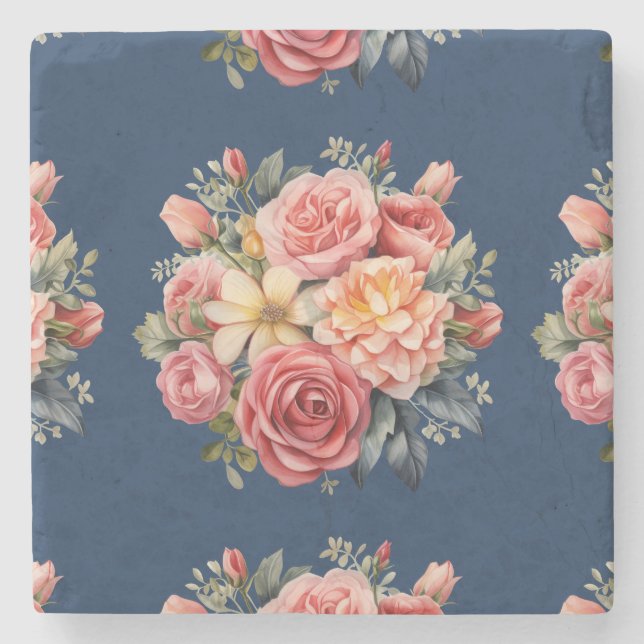 Classic Pink Roses Floral on a Blue Background Stone Coaster (Front)