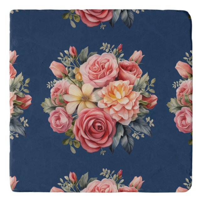 Classic Pink Roses Floral on a Blue Background Trivet (Front)