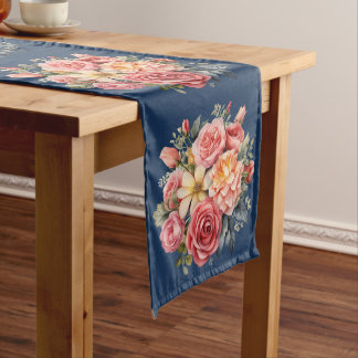 Classic Pink Roses on Blue Background Table Runner