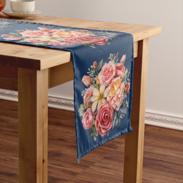 Classic Pink Roses on Blue Background Table Runner (In Situ)