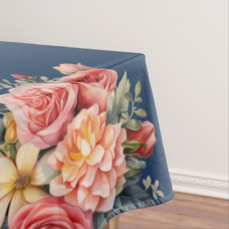 Classic Pink Roses on Blue Background Tablecloth