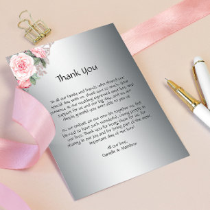 Classic Pink Roses on Silver Wedding Thank You Card