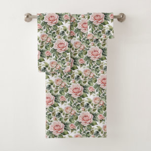 Classic Pink Roses & Sage Leaves Bath Towel Set